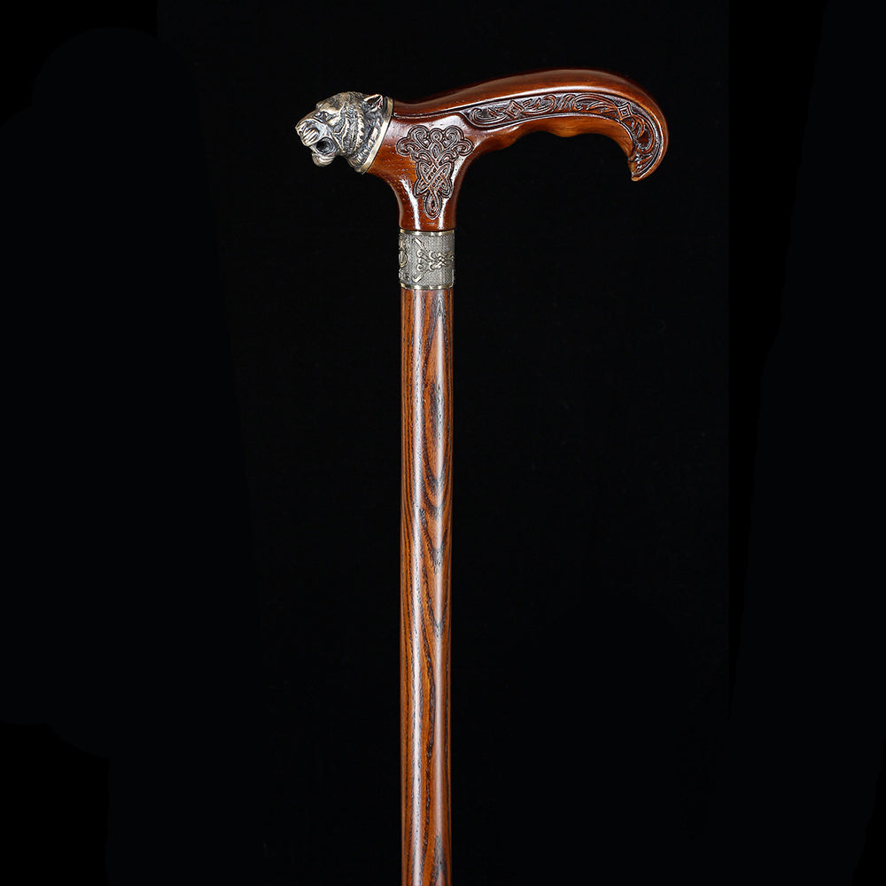 Tiger Head Bronze & Wood Artisan Intricate Detail Design Cane