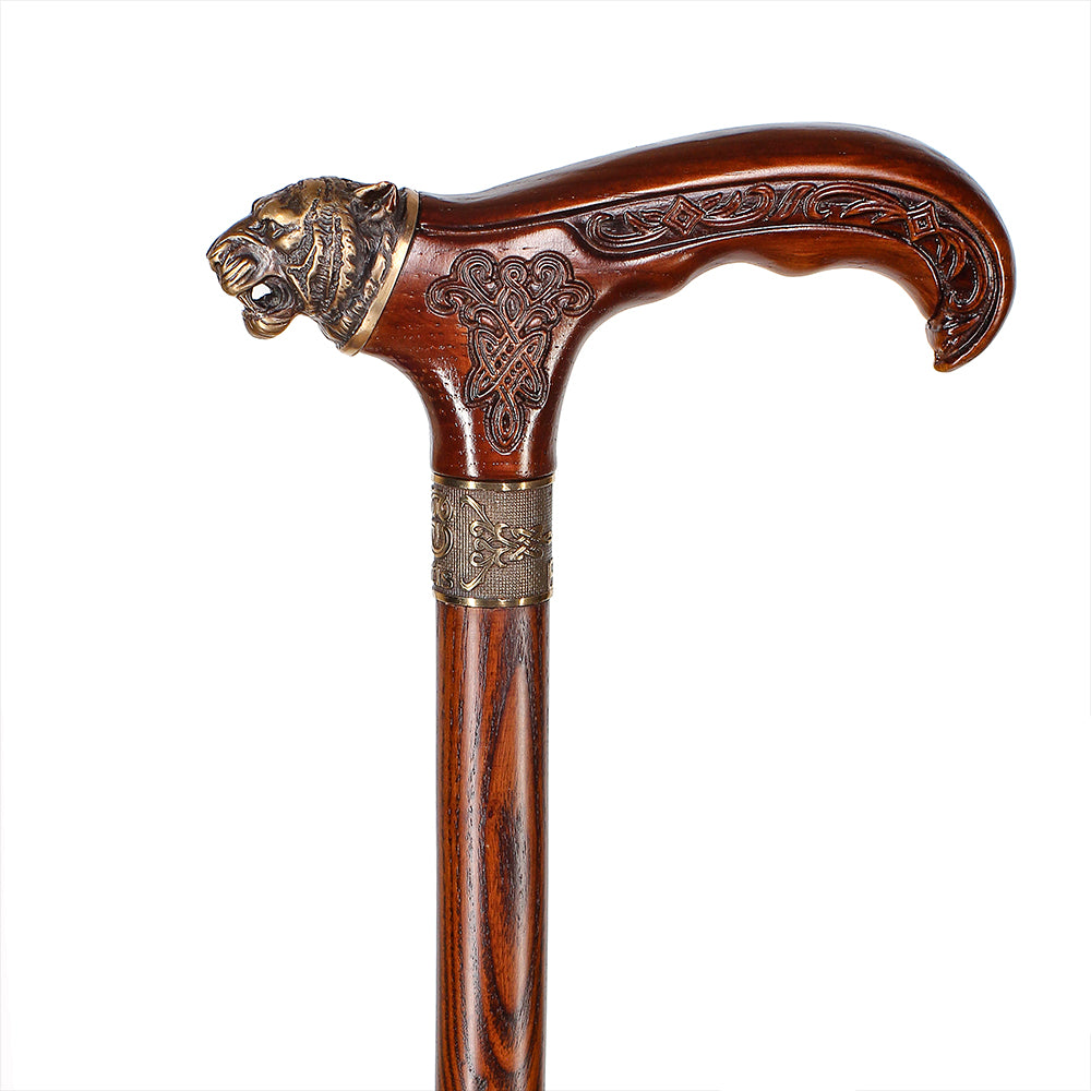 Tiger Head Bronze & Wood Artisan Intricate Detail Design Cane