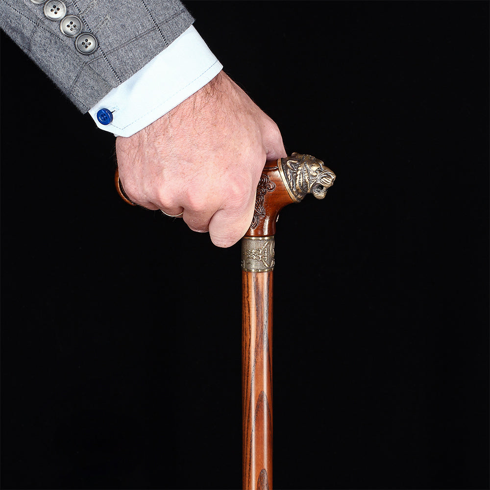 Tiger Head Bronze & Wood Artisan Intricate Detail Design Cane