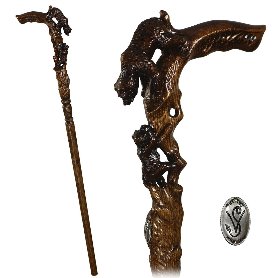 Mama Bear with Baby Bear: Artisan Intricate Hand-Carved Cane