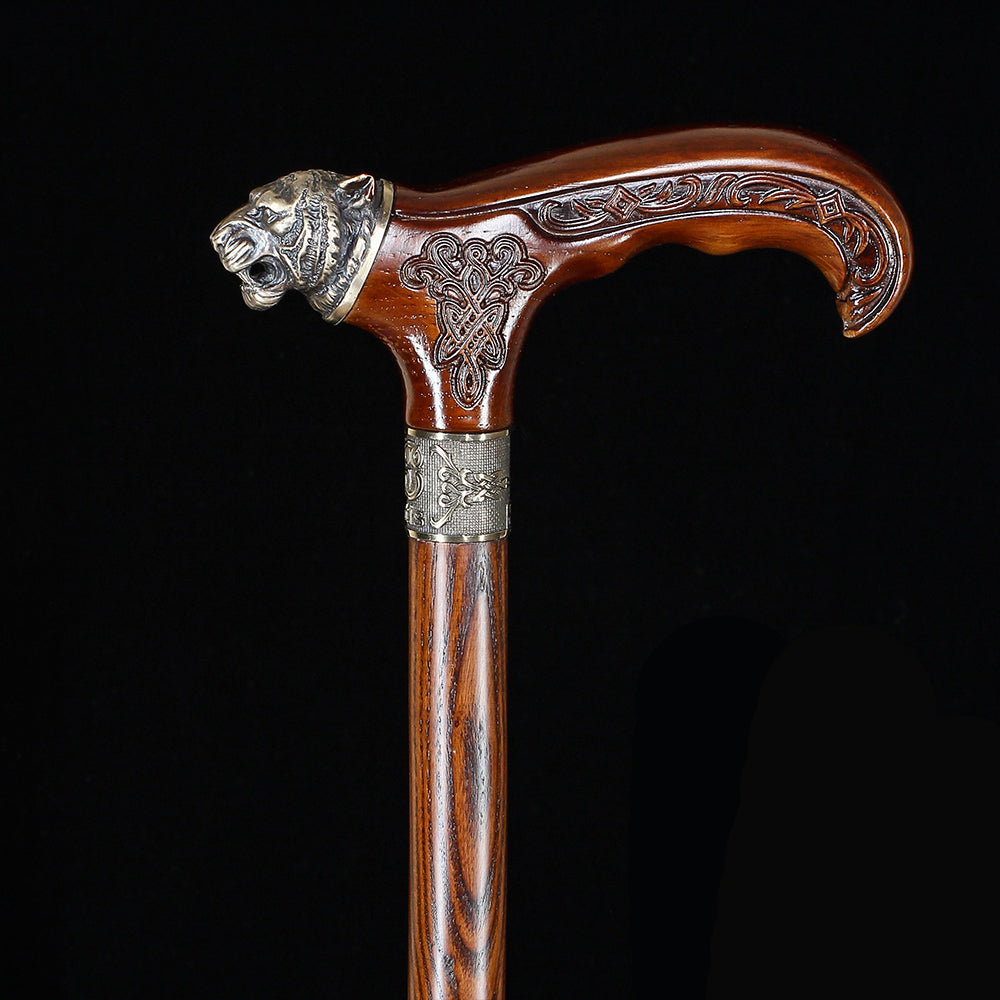 Tiger Head Bronze & Wood Artisan Intricate Detail Design Cane