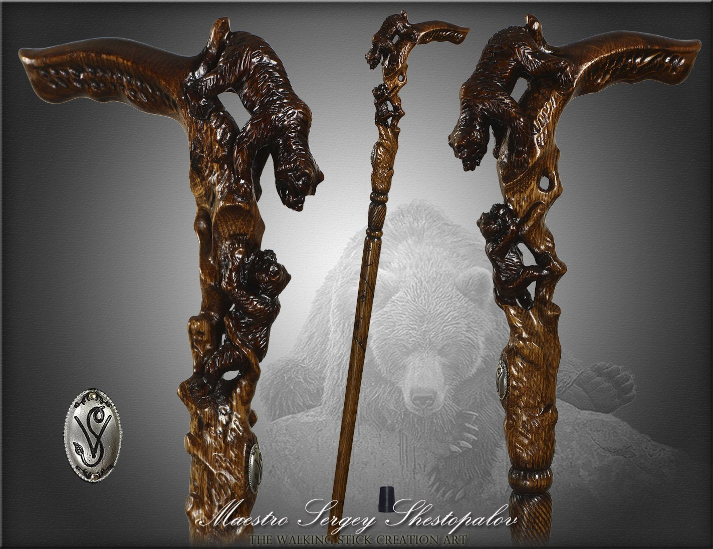 Mama Bear with Baby Bear: Artisan Intricate Hand-Carved Cane