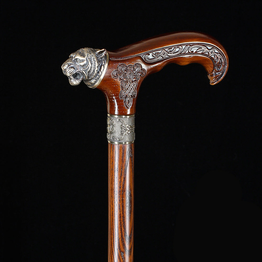 Tiger Head Bronze & Wood Artisan Intricate Detail Design Cane