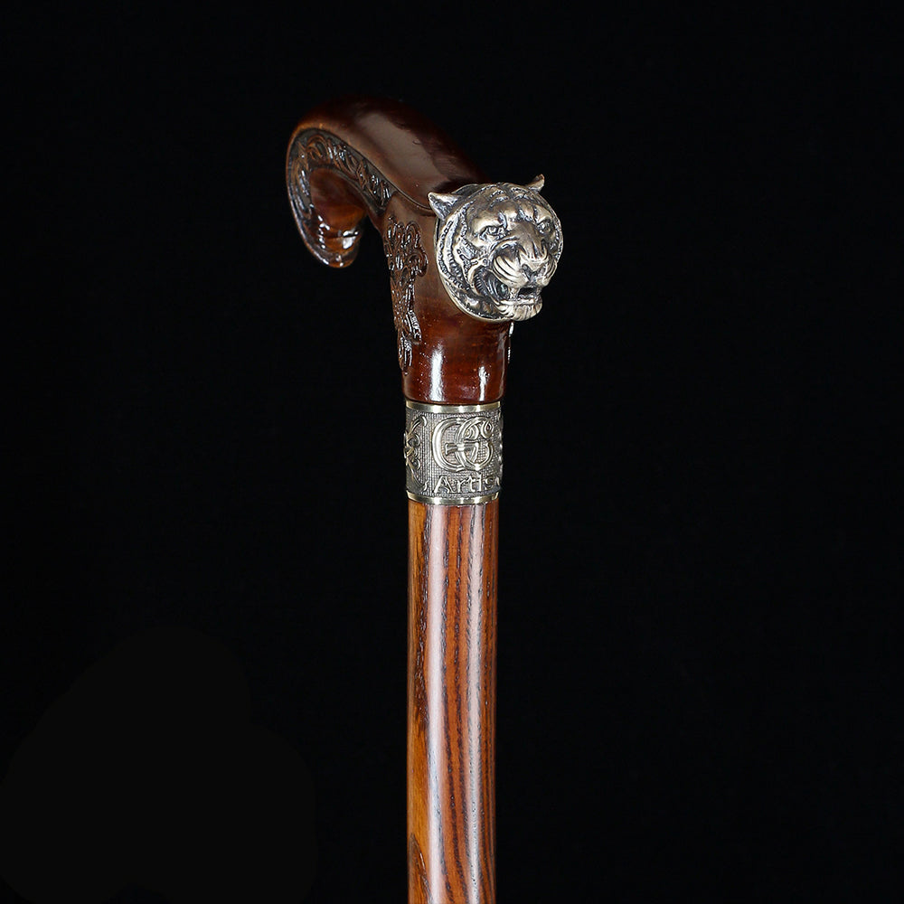 Tiger Head Bronze & Wood Artisan Intricate Detail Design Cane