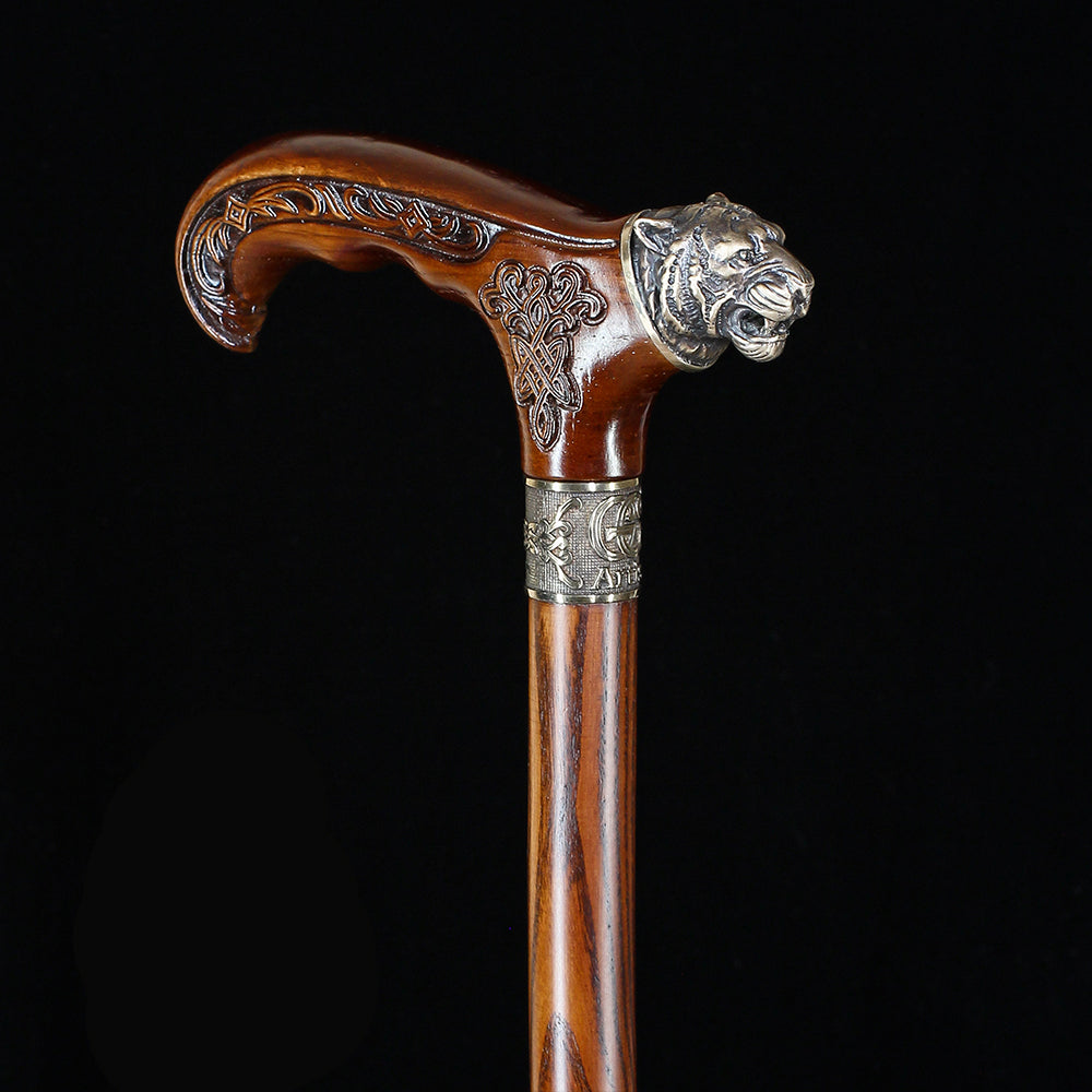 Tiger Head Bronze & Wood Artisan Intricate Detail Design Cane