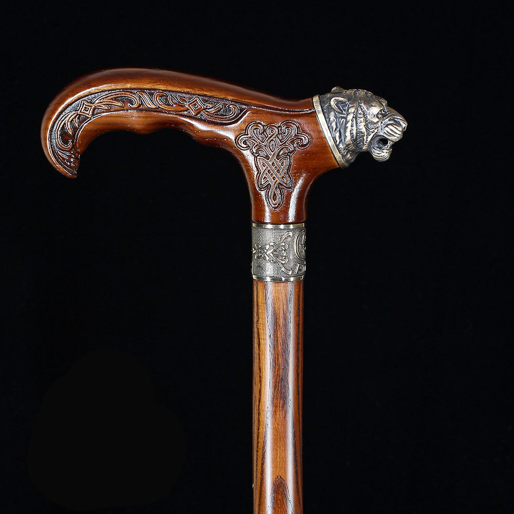 Tiger Head Bronze & Wood Artisan Intricate Detail Design Cane