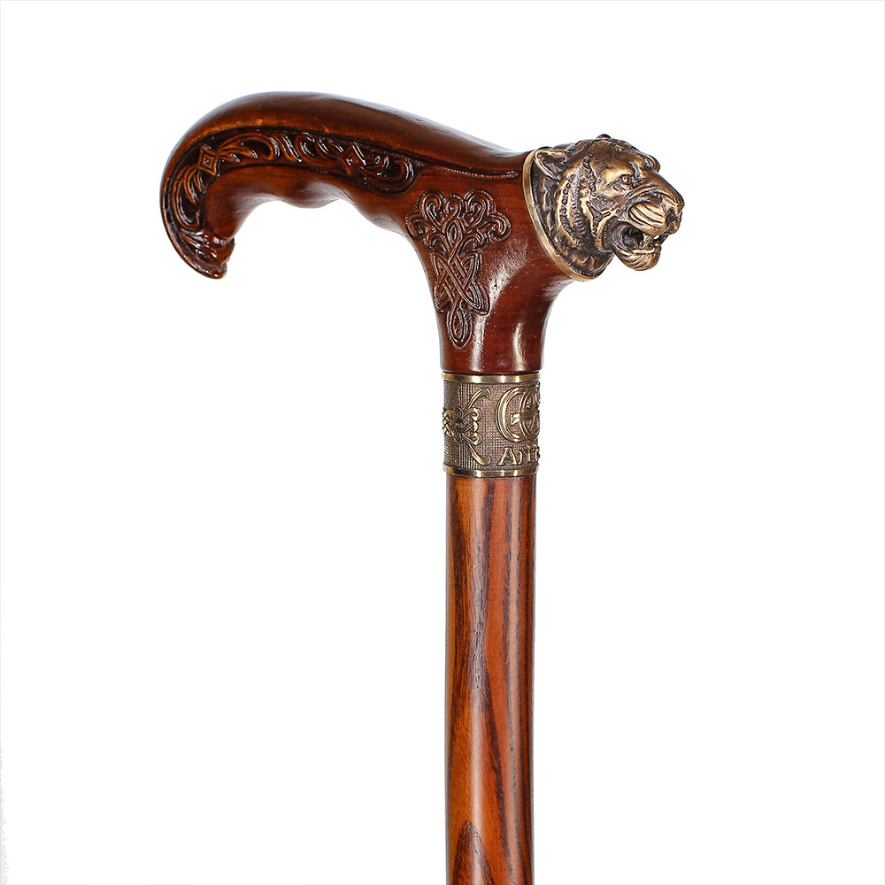 Tiger Head Bronze & Wood Artisan Intricate Detail Design Cane