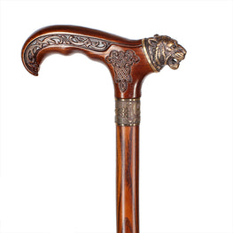 Tiger Head Bronze & Wood Artisan Intricate Detail Design Cane