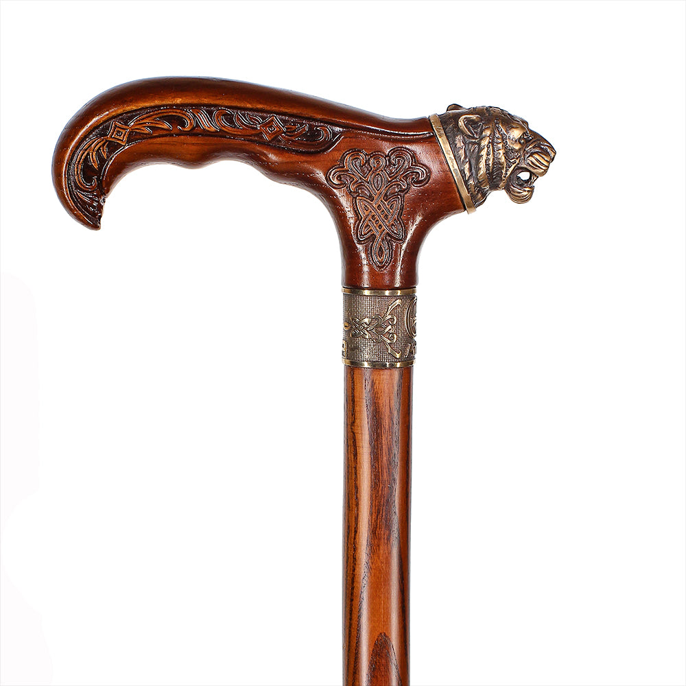 Tiger Head Bronze & Wood Artisan Intricate Detail Design Cane