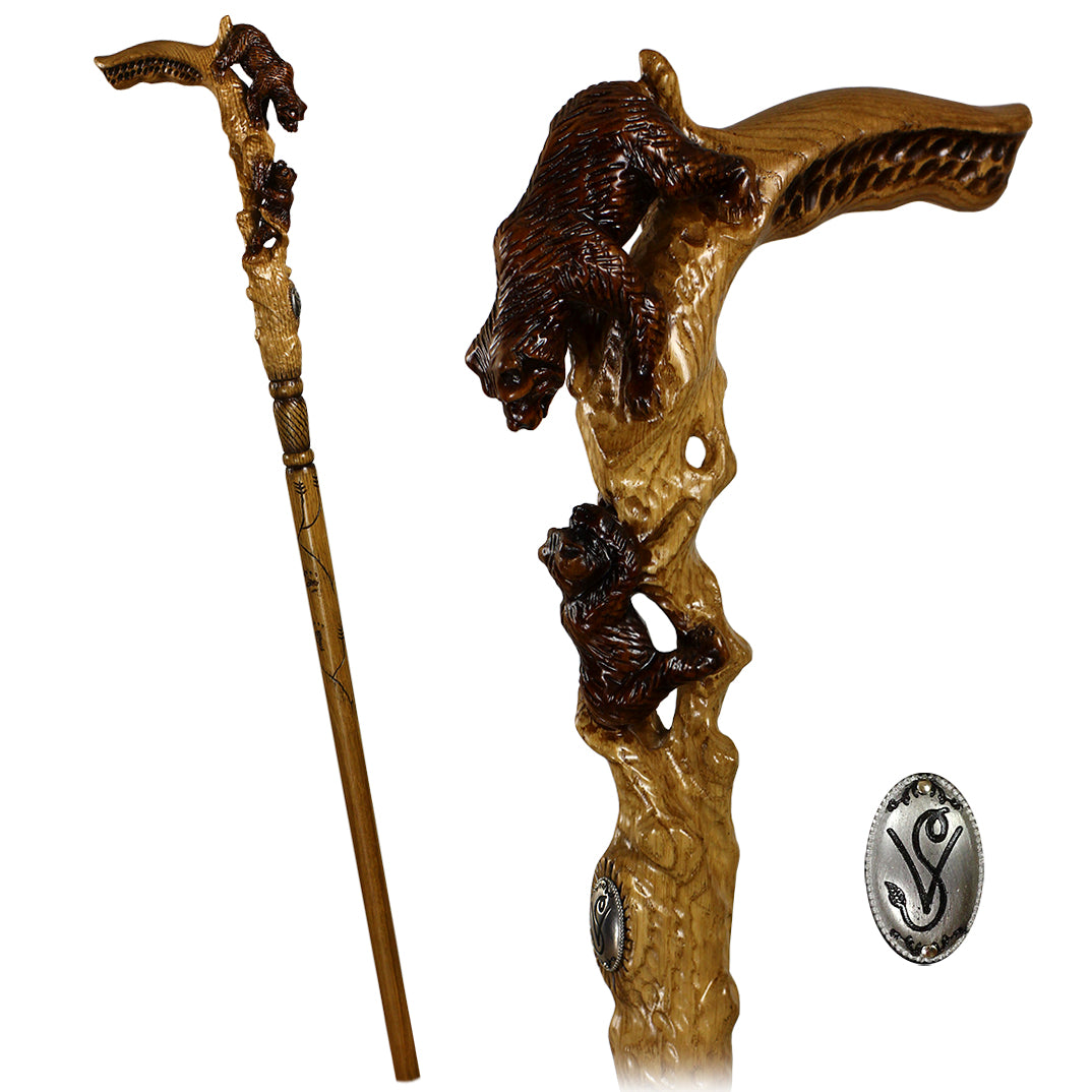 Mama Bear with Baby Bear: Artisan Intricate Hand-Carved Cane