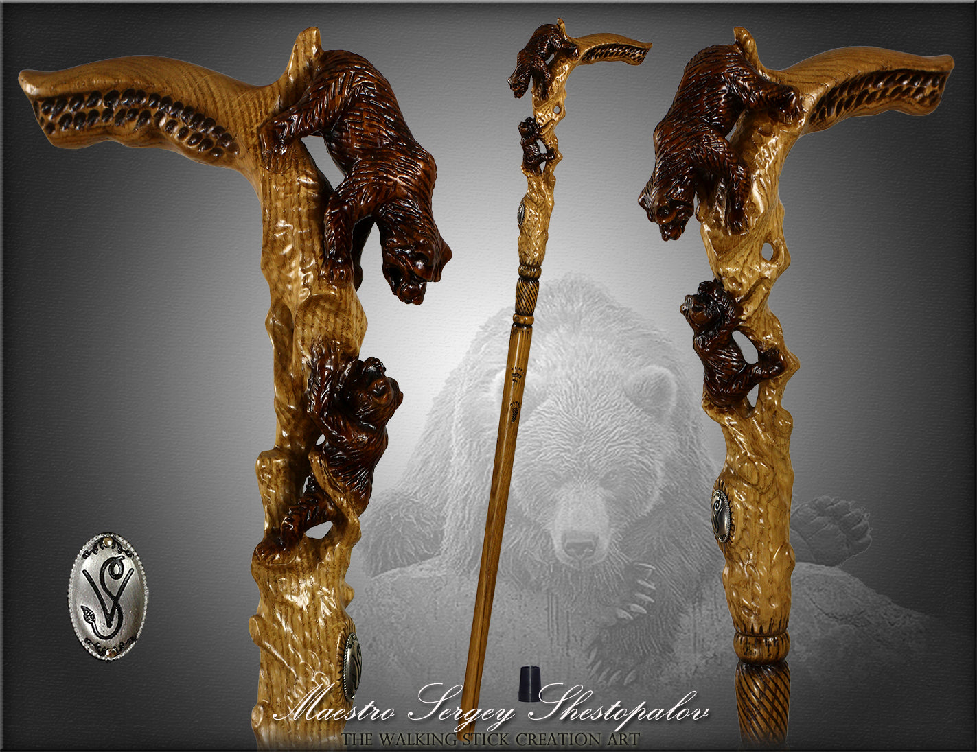 Mama Bear with Baby Bear: Artisan Intricate Hand-Carved Cane
