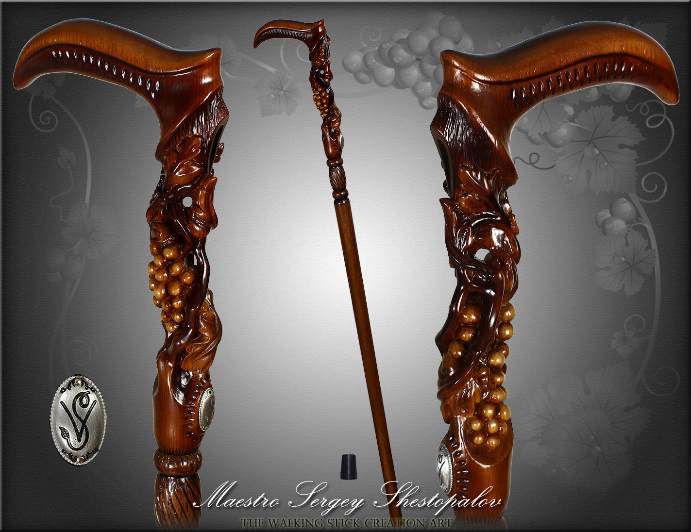 Vineyard Grape and Vines: Artisan Intricate Hand-Carved Cane
