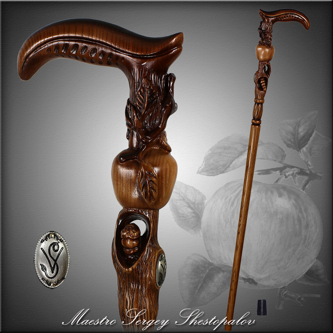 Apple Tree Teacher Artisan Intricate Hand-Carved Walking Cane