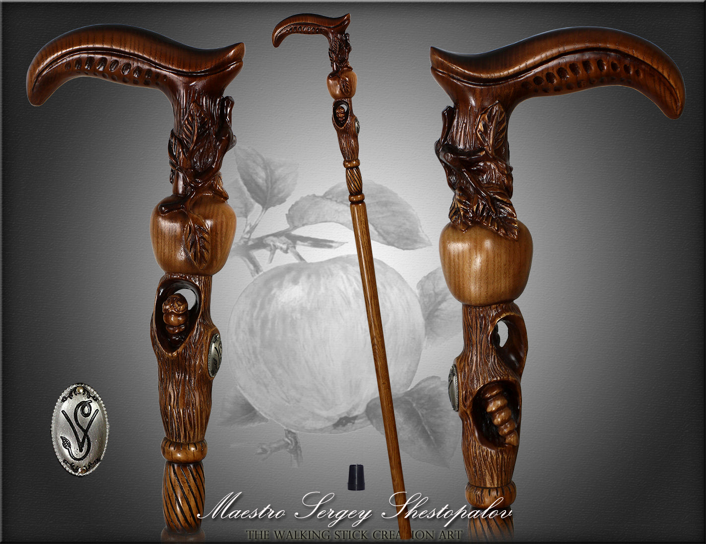 Apple Tree Teacher Artisan Intricate Hand-Carved Walking Cane
