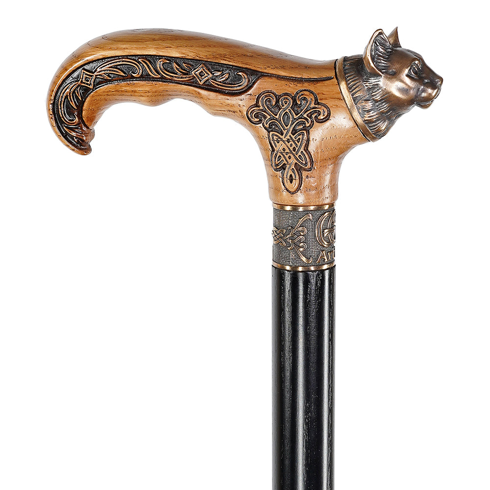 Kitty Head: Bronze & Wood Artisan Intricate Design Cane