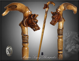 Wolf Under Moon Artisan Intricate Handcarved Cane
