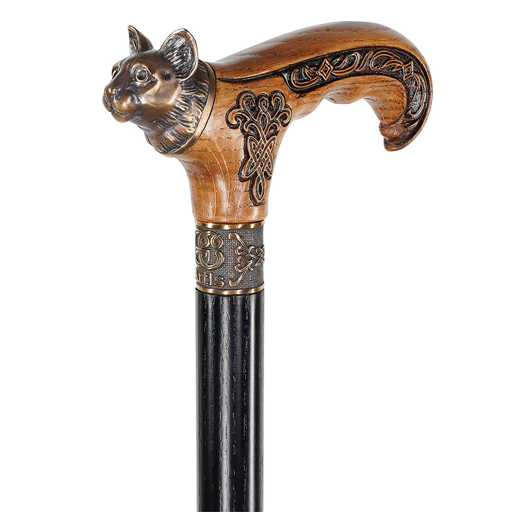 Kitty Head: Bronze & Wood Artisan Intricate Design Cane