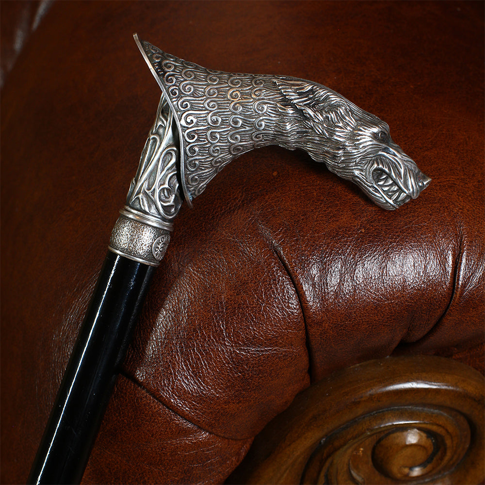 Wolf Victorian Style Silver Plated Artisan Intricate Handcarved Cane
