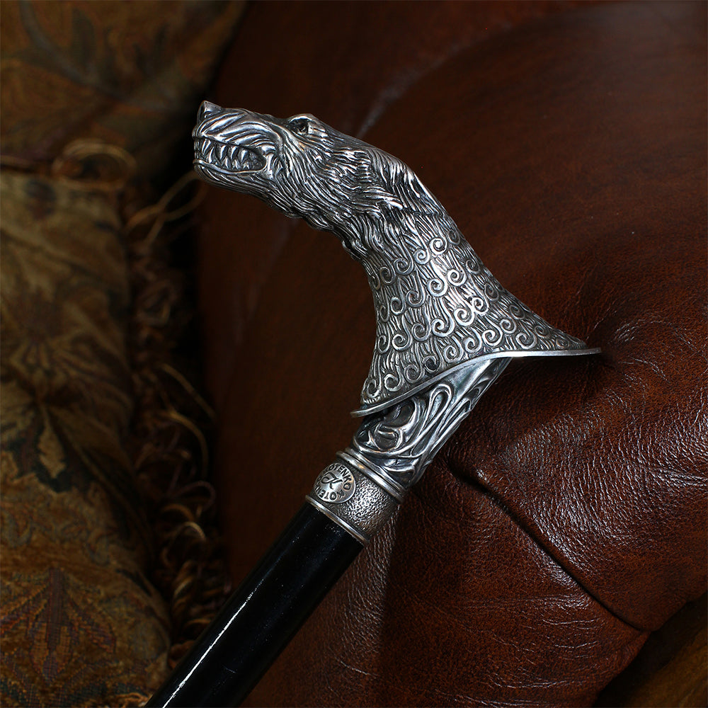 Wolf Victorian Style Silver Plated Artisan Intricate Handcarved Cane