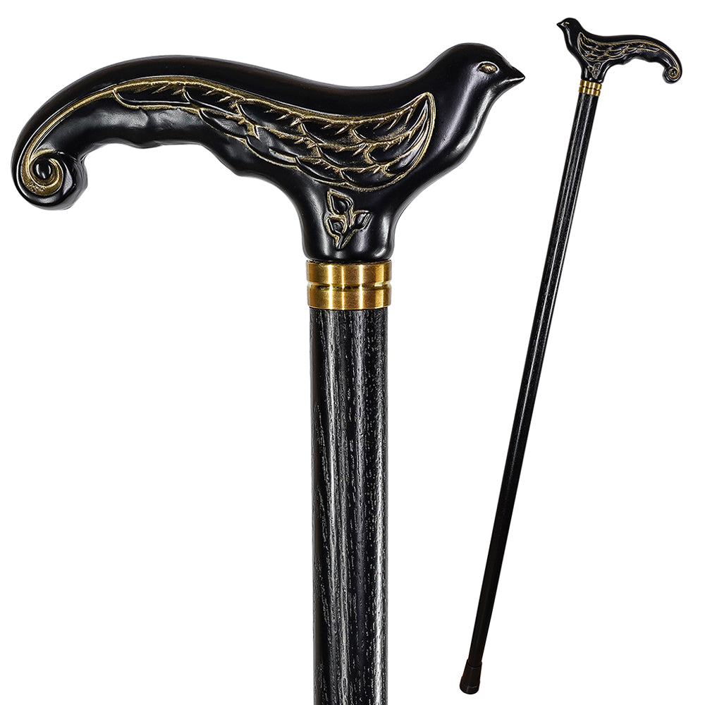 Swallow Bird Black: Artisan Intricate Detail Handcarved Cane