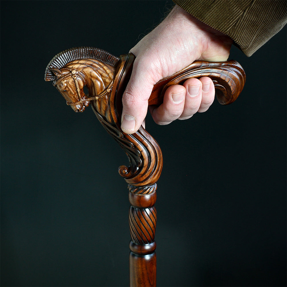 Horse Ergonomic: Intricate Handcarved Cane (Right Hand)