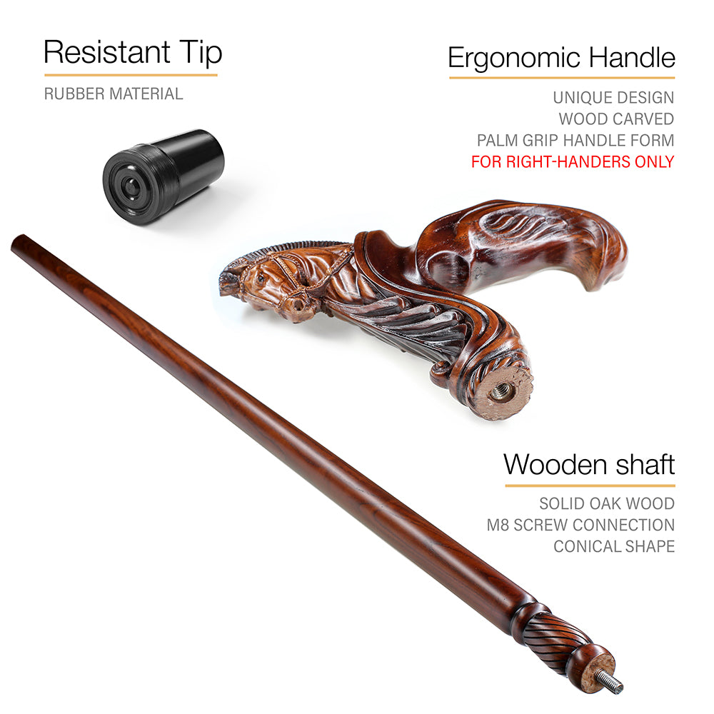Horse Ergonomic: Intricate Handcarved Cane (Right Hand)