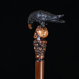 Intricate Handcarved Black Crow & Skull Artisan Cane - Unique