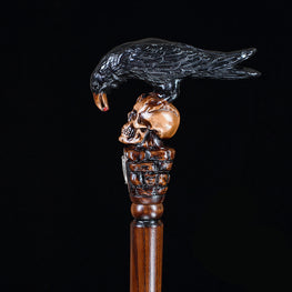 Intricate Handcarved Black Crow & Skull Artisan Cane - Unique