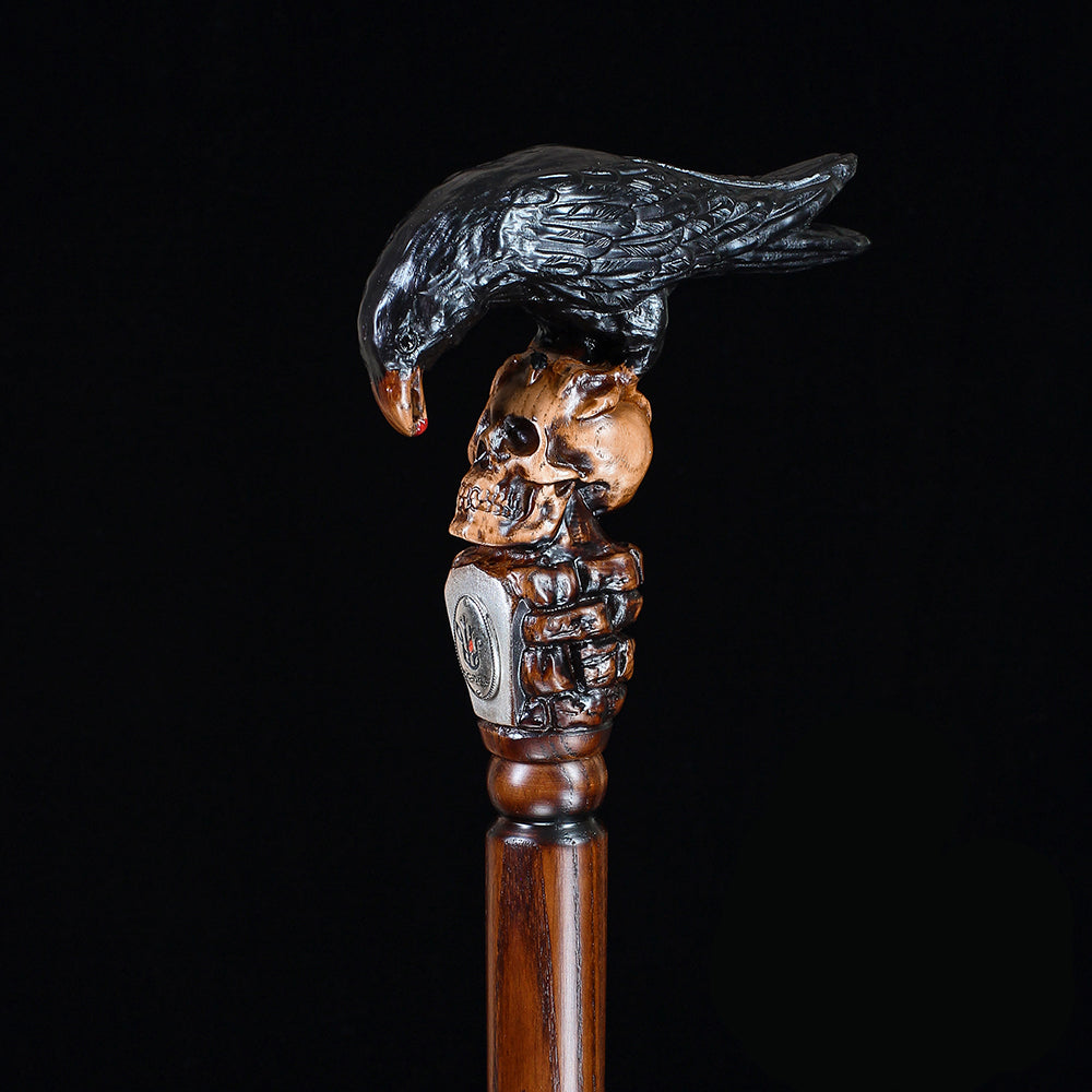Intricate Handcarved Black Crow & Skull Artisan Cane - Unique