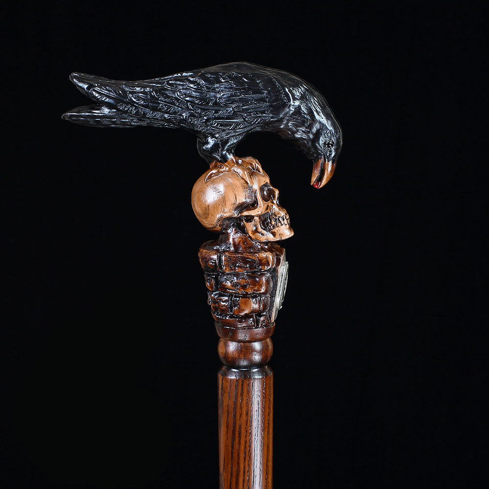 Intricate Handcarved Black Crow & Skull Artisan Cane - Unique