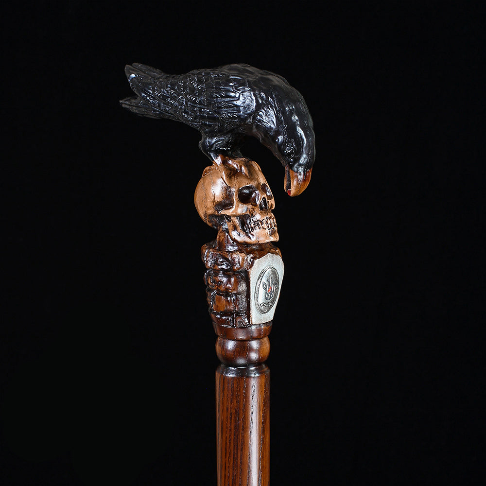 Intricate Handcarved Black Crow & Skull Artisan Cane - Unique