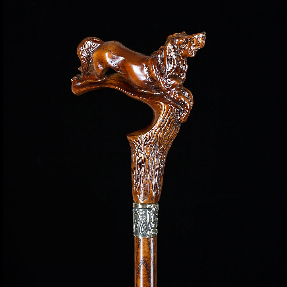 Spaniel Dog: Dark Wood, Bronze Collar Artisan Handcarved Cane