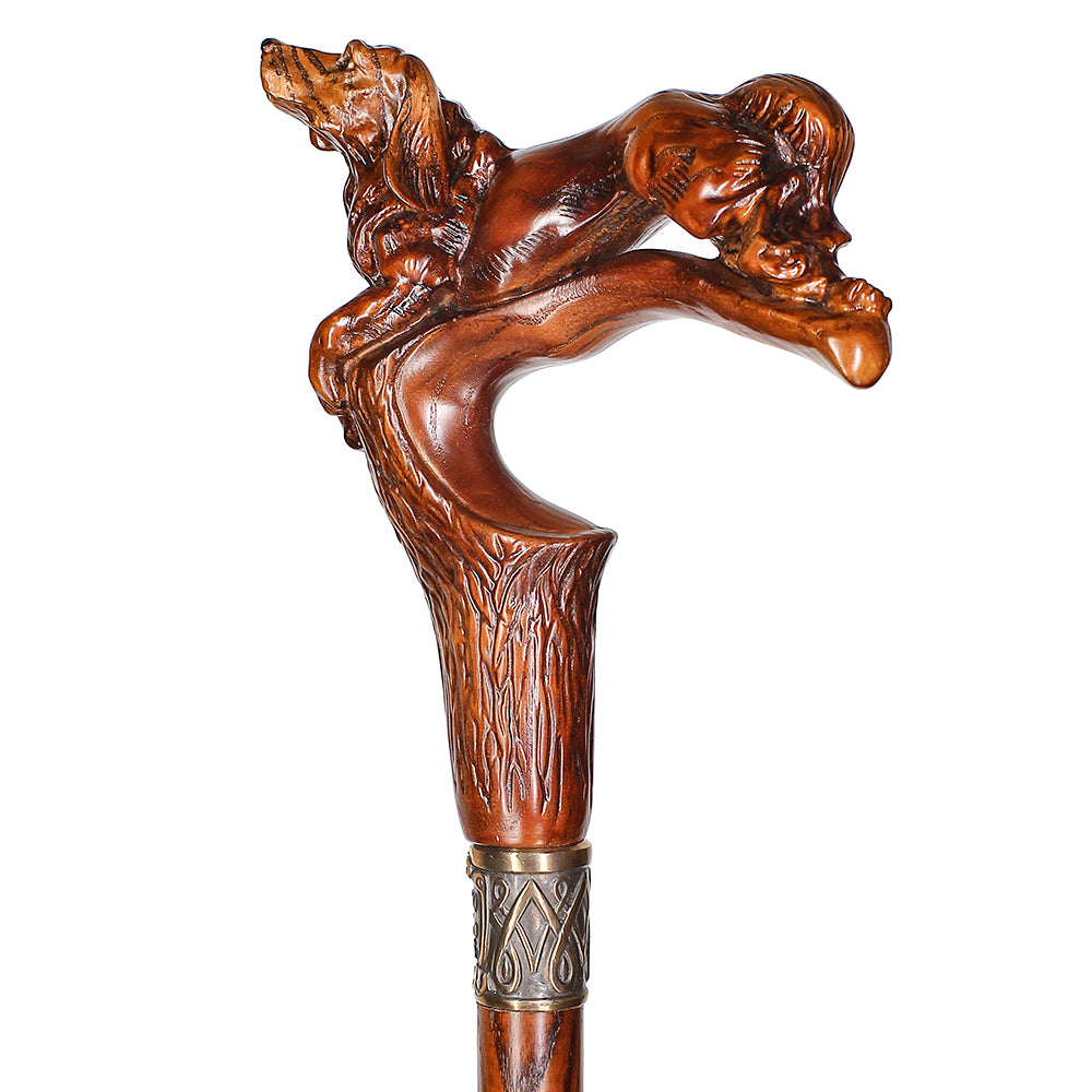 Spaniel Dog: Dark Wood, Bronze Collar Artisan Handcarved Cane