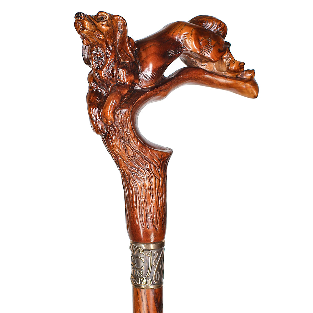 Spaniel Dog: Dark Wood, Bronze Collar Artisan Handcarved Cane