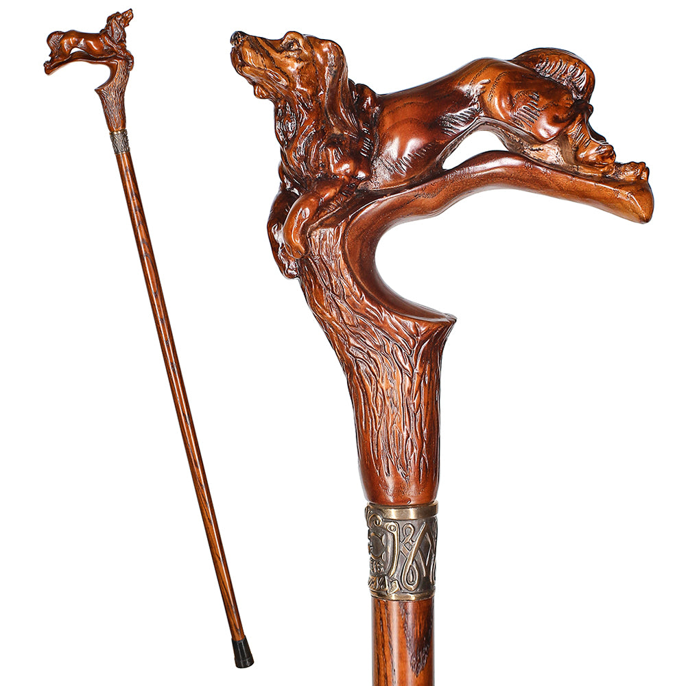 Spaniel Dog: Dark Wood, Bronze Collar Artisan Handcarved Cane