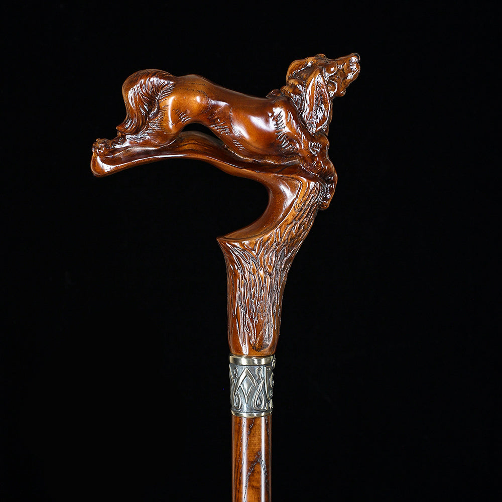 Spaniel Dog: Dark Wood, Bronze Collar Artisan Handcarved Cane