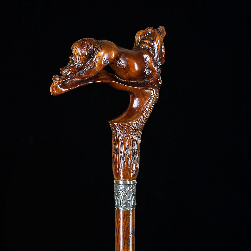 Spaniel Dog: Dark Wood, Bronze Collar Artisan Handcarved Cane