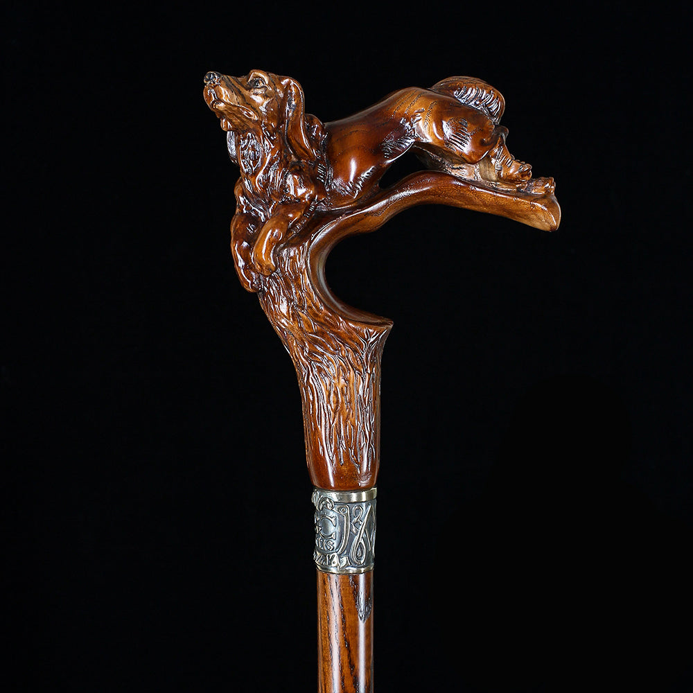 Spaniel Dog: Dark Wood, Bronze Collar Artisan Handcarved Cane