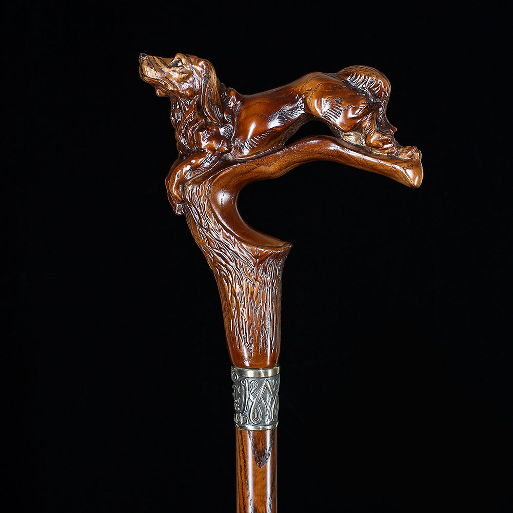Spaniel Dog: Dark Wood, Bronze Collar Artisan Handcarved Cane