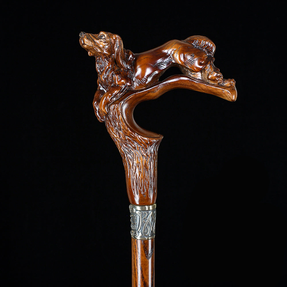 Spaniel Dog: Dark Wood, Bronze Collar Artisan Handcarved Cane