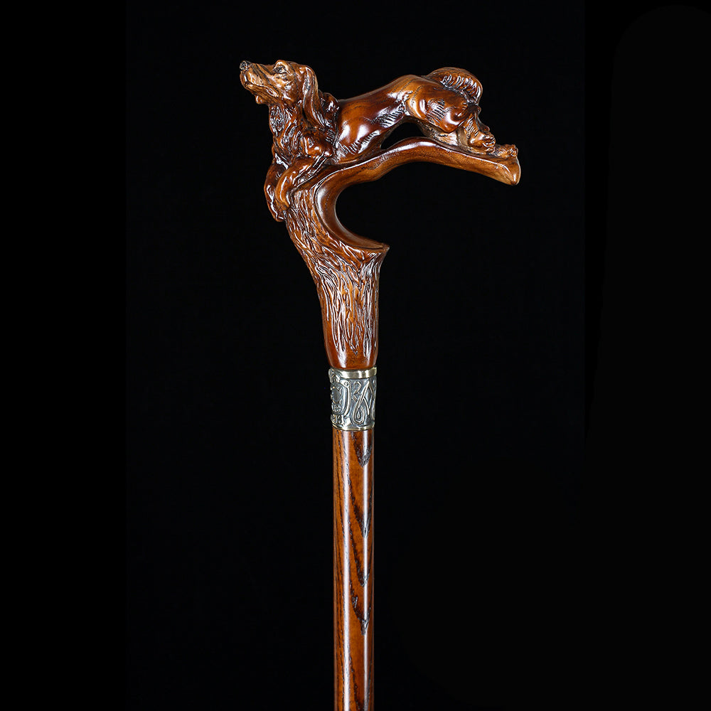 Spaniel Dog: Dark Wood, Bronze Collar Artisan Handcarved Cane