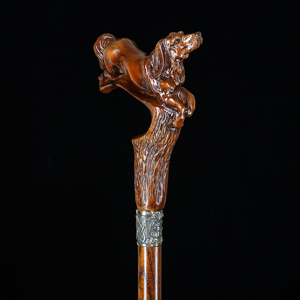 Spaniel Dog: Dark Wood, Bronze Collar Artisan Handcarved Cane