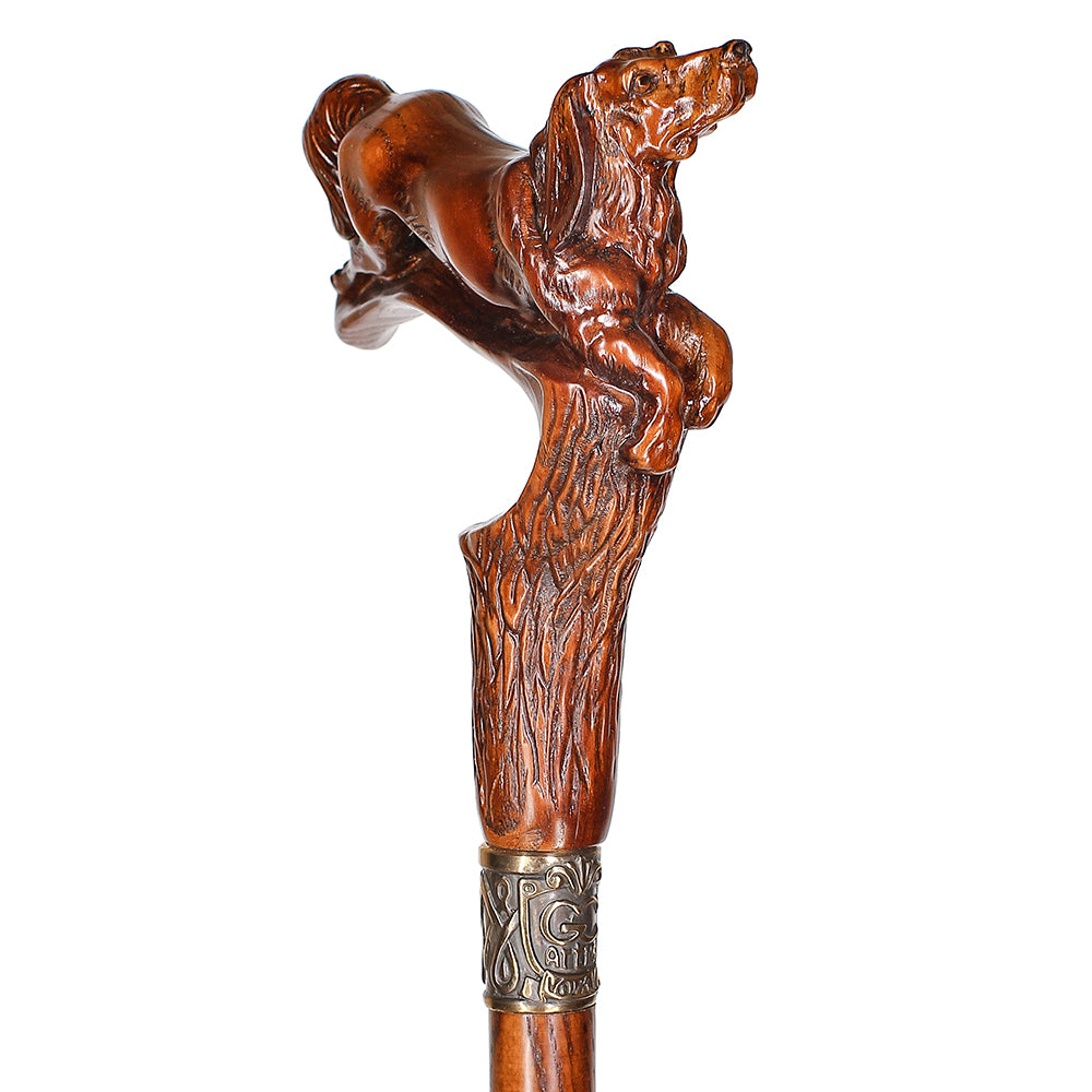 Spaniel Dog: Dark Wood, Bronze Collar Artisan Handcarved Cane
