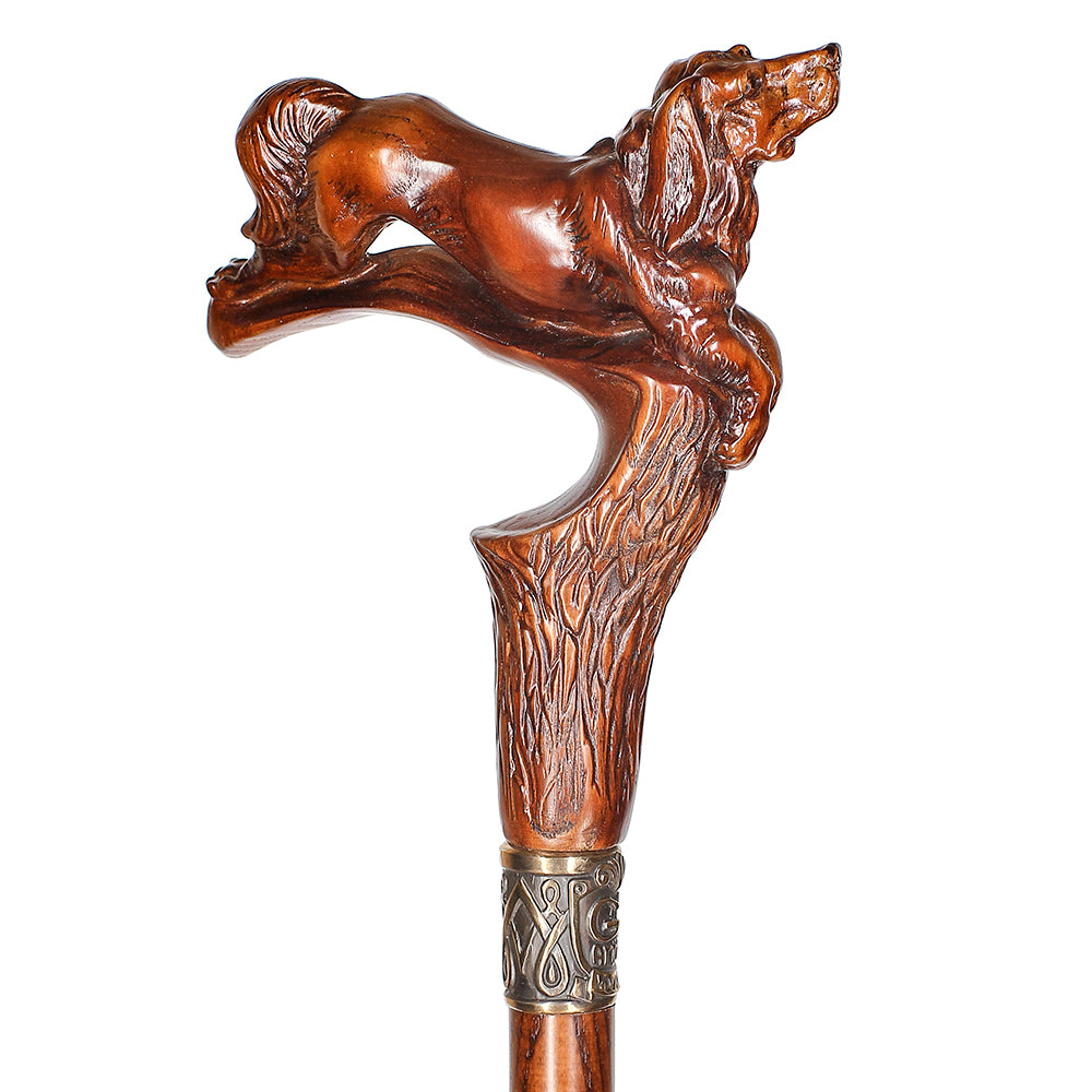 Spaniel Dog: Dark Wood, Bronze Collar Artisan Handcarved Cane