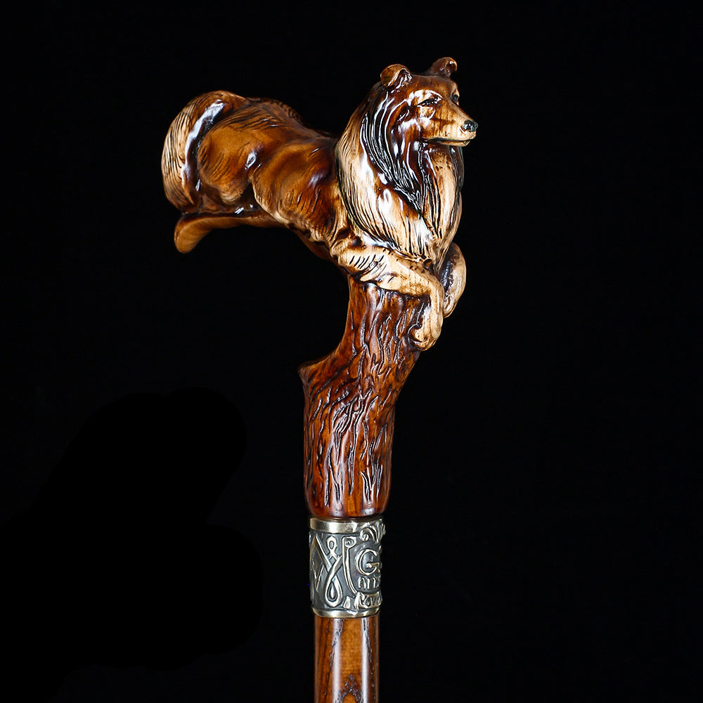 Collie Dog: Artisan Intricate Detail Handcarved Cane
