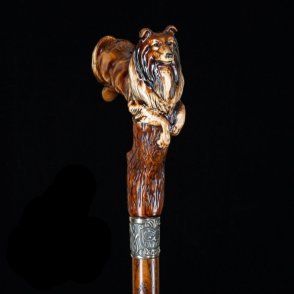 Collie Dog: Artisan Intricate Detail Handcarved Cane