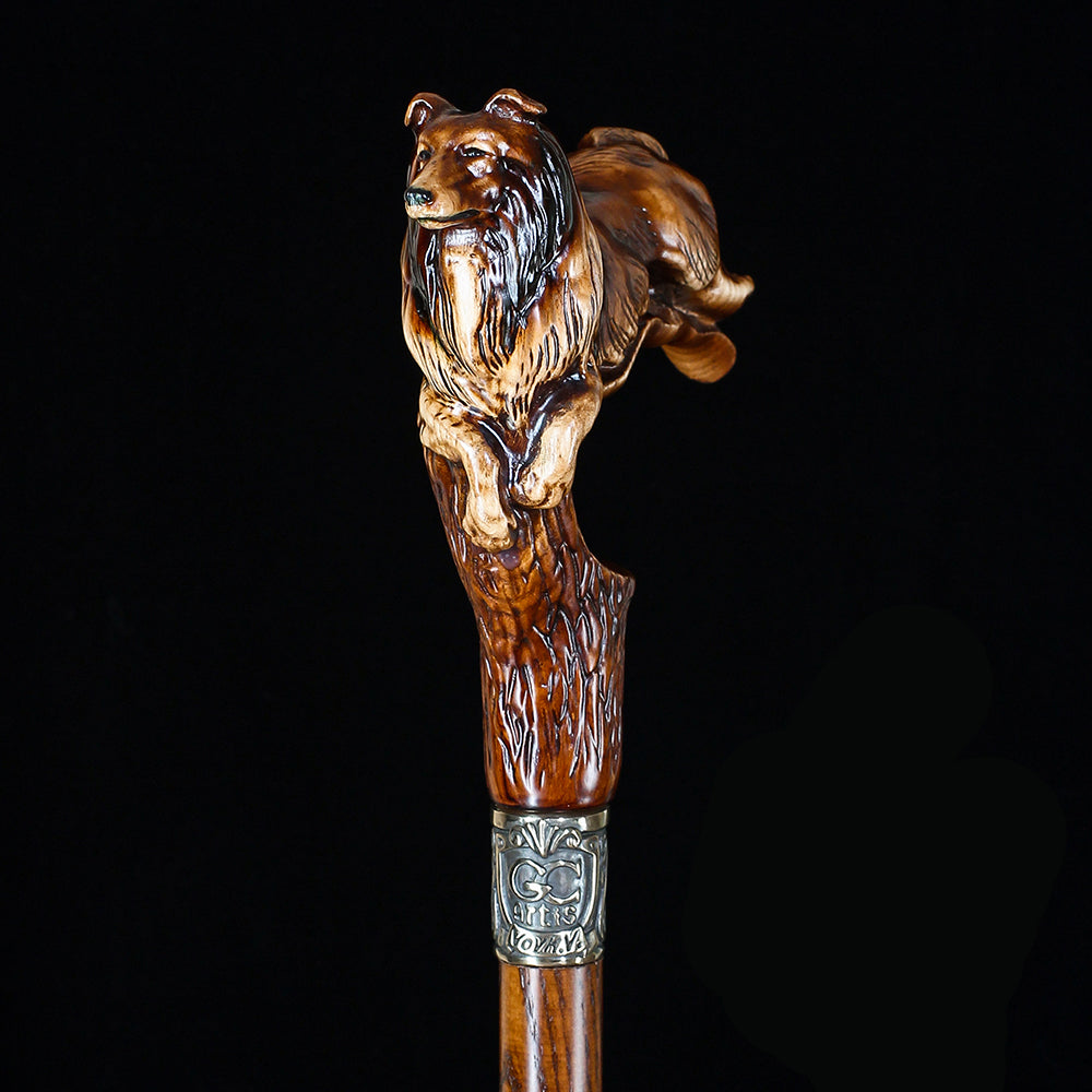 Collie Dog: Artisan Intricate Detail Handcarved Cane