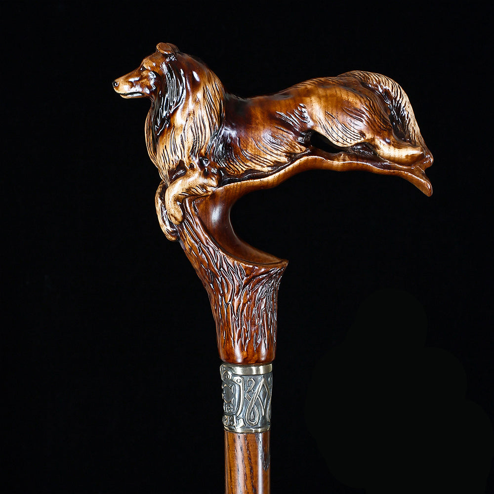 Collie Dog: Artisan Intricate Detail Handcarved Cane