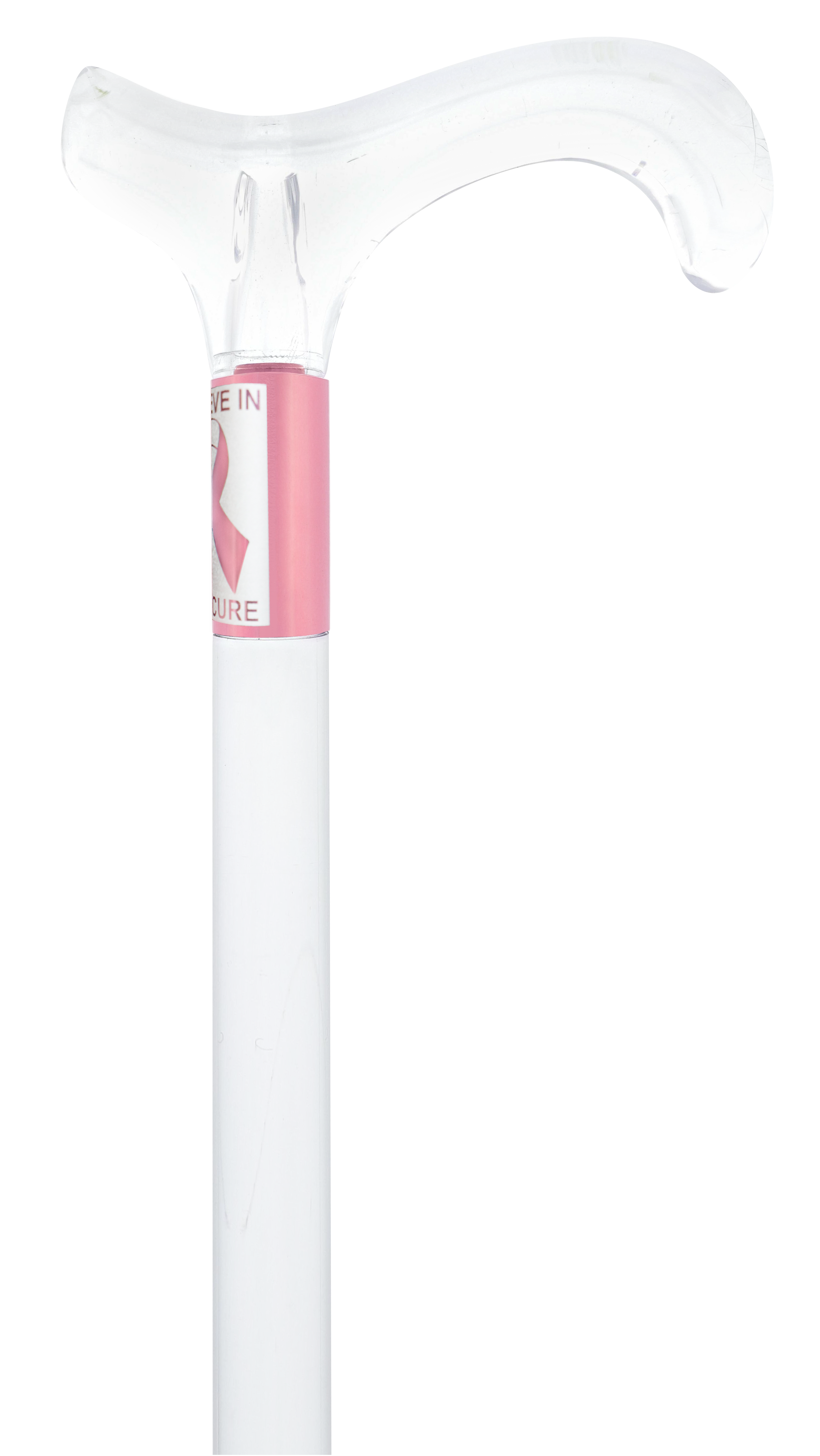 Believe in the Cure - Engraved Clear Lucite Derby Handle Walking Cane with Lucite Shaft