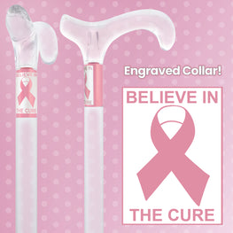 Believe in the Cure - Engraved Clear Lucite Derby Handle Walking Cane with Lucite Shaft